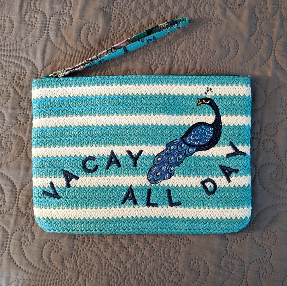 Vera Bradley Vacay All Day Peacock Travel Woven Bag Clutch Wristlet Blue 10x7